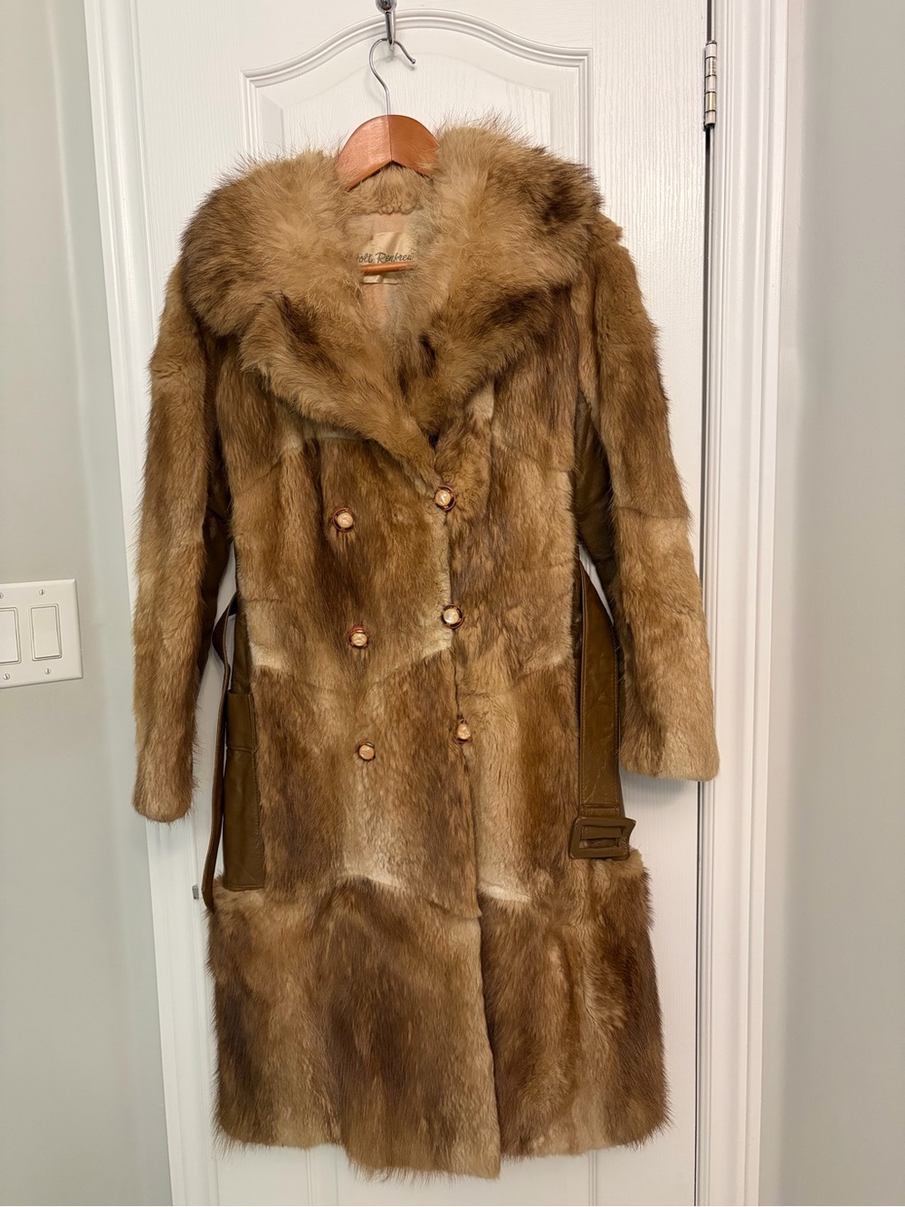 Women's Vintage Double-Breasted Brown Fur Trench Coat